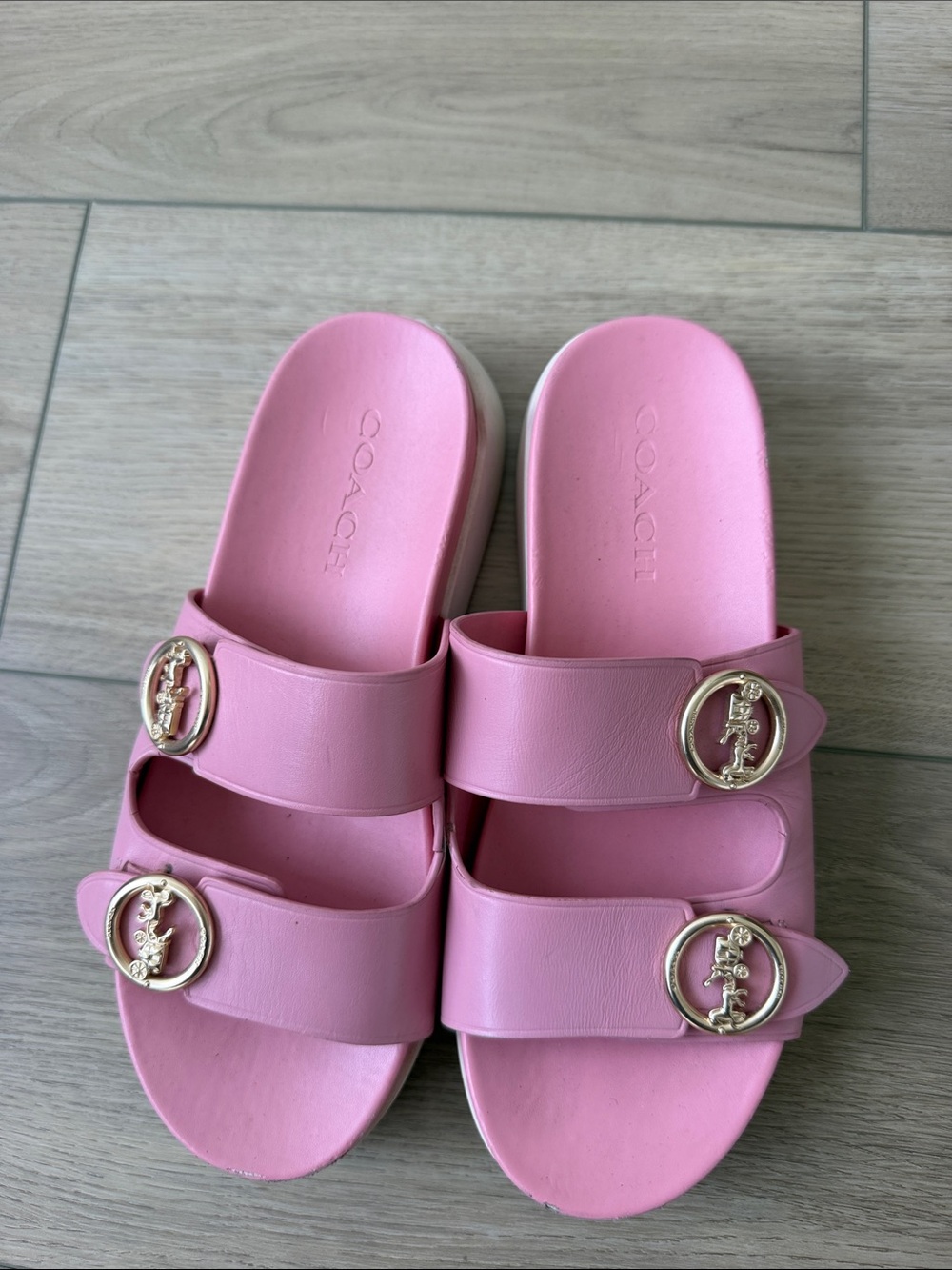 Coach Pink Double-Strap Slide Sandals with Gold Hardware